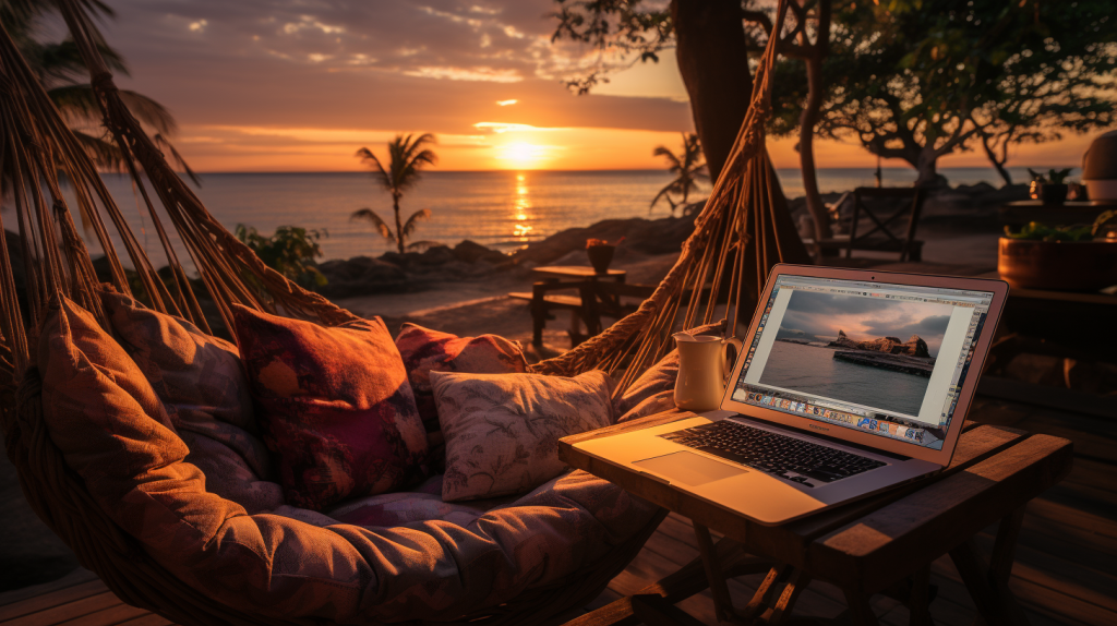 Image of a laptop on a table with a hammock and the beach in the background with the sun setting