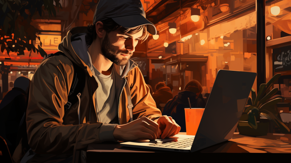 Image of a man sitting at a table at a bustling café working on his laptop in the evening