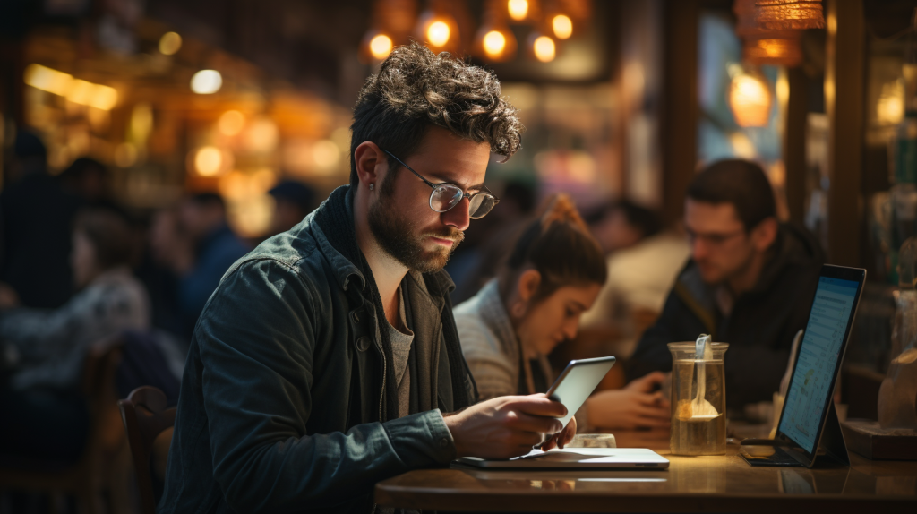 Image of a man sitting at a table at an outdoor café in the evening looking at his smartphone