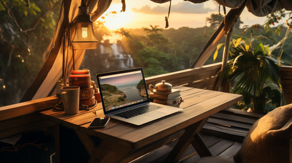 Image of a laptop on a table in a tropical setting with the sun setting
