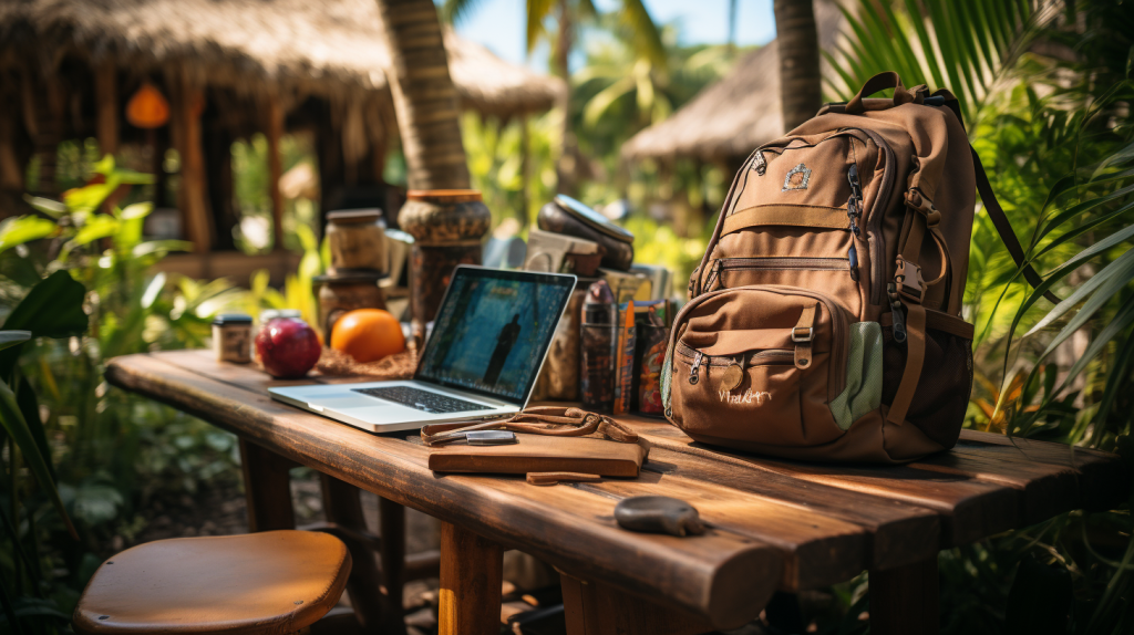 Image of a backpack and a laptop on a table in a tropical jungle area