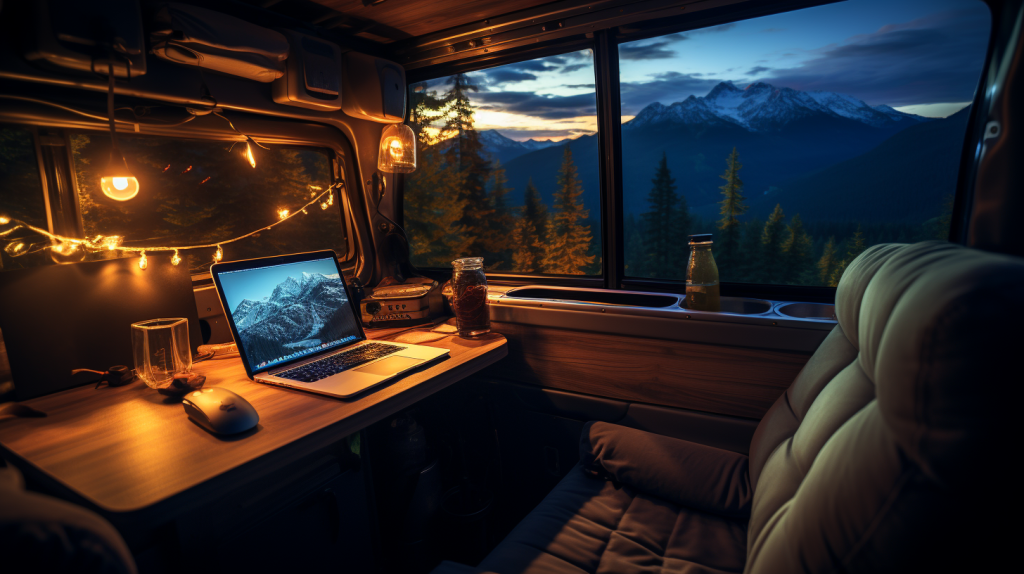 Image of a laptop on a table inside a campervan overlooking dusk in a forested area