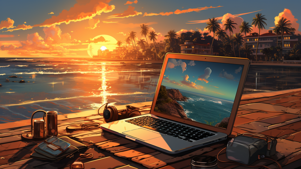 Image of a laptop on a table at the beach with the sun setting