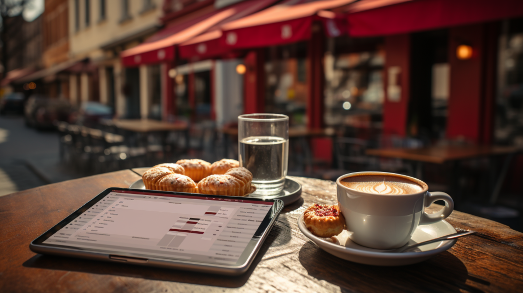 Image of a tablet computer sitting on a table next to a cup of coffee and some breakfast treats at an outdoor café in the morning