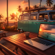 Image of a laptop on a table at the beach at sunset with a VW bus in the background