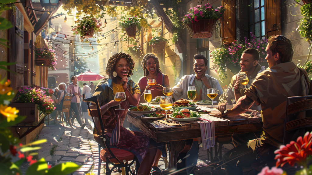 image of friends at an outdoor café drinking, eating and laughing