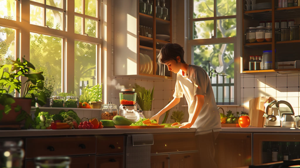 teenager making a meal with healthy ingredients in a kitchen
