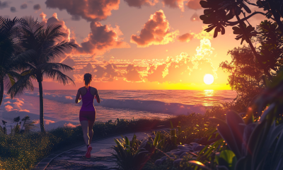 Image of a woman running near the beach at sunset