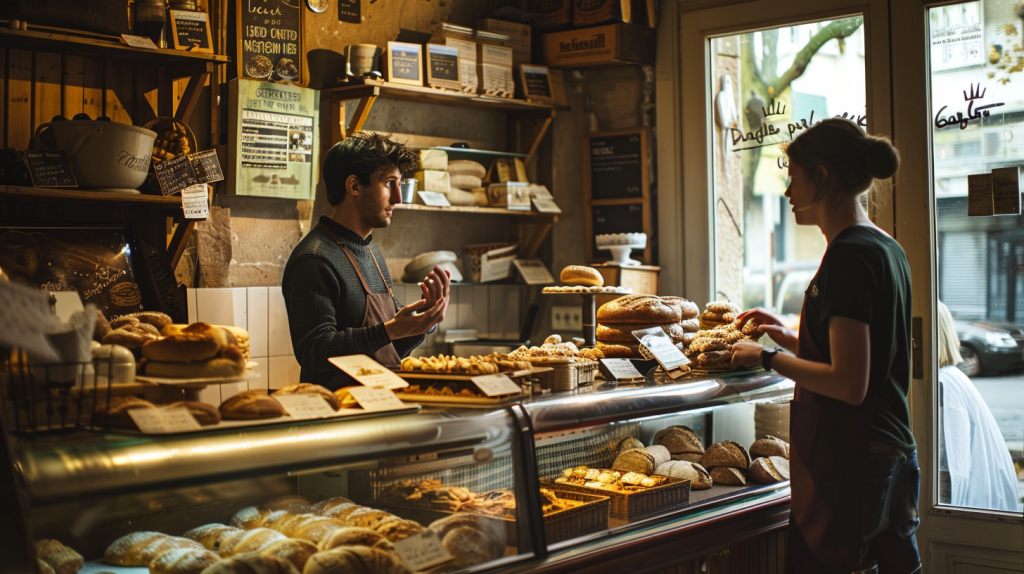 Two people standing in a bakery having a discussion.