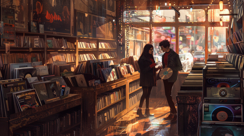 A man and woman having a discussion in a record store.