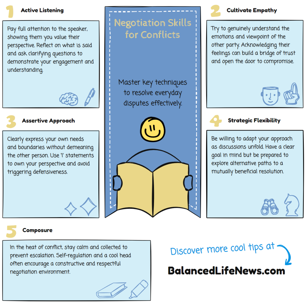 Infographic with tips for negotiating skills for everyday conflicts