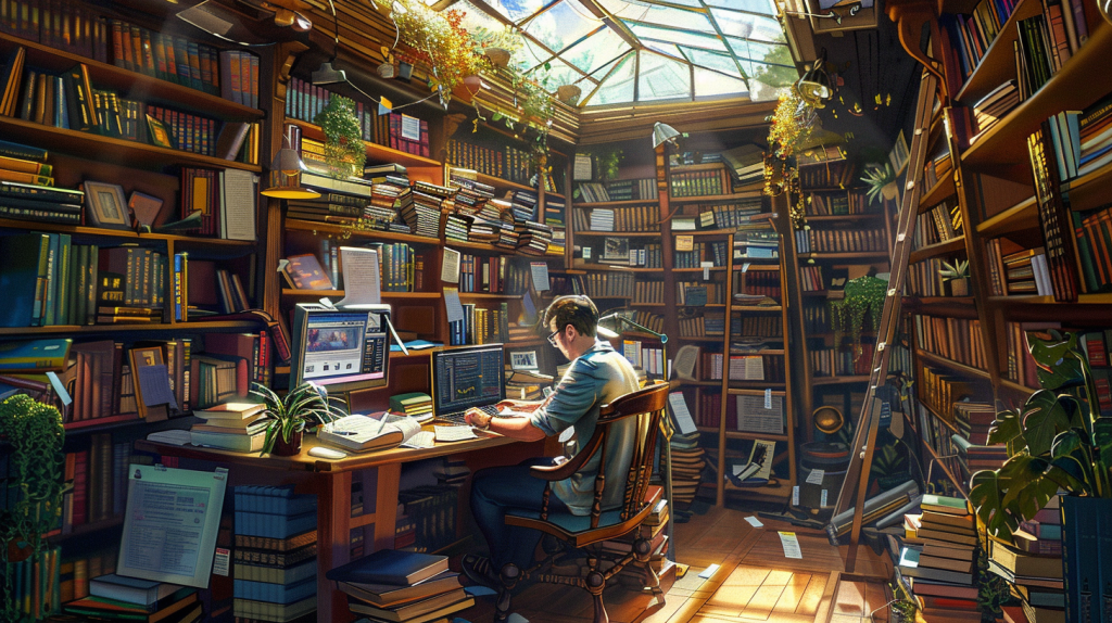 A bookstore owner sitting at a desk in a room full of books expanding his bookstore business online.