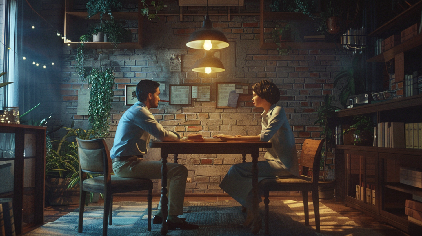 A man and woman sitting at a table negotiating conflict resolution.