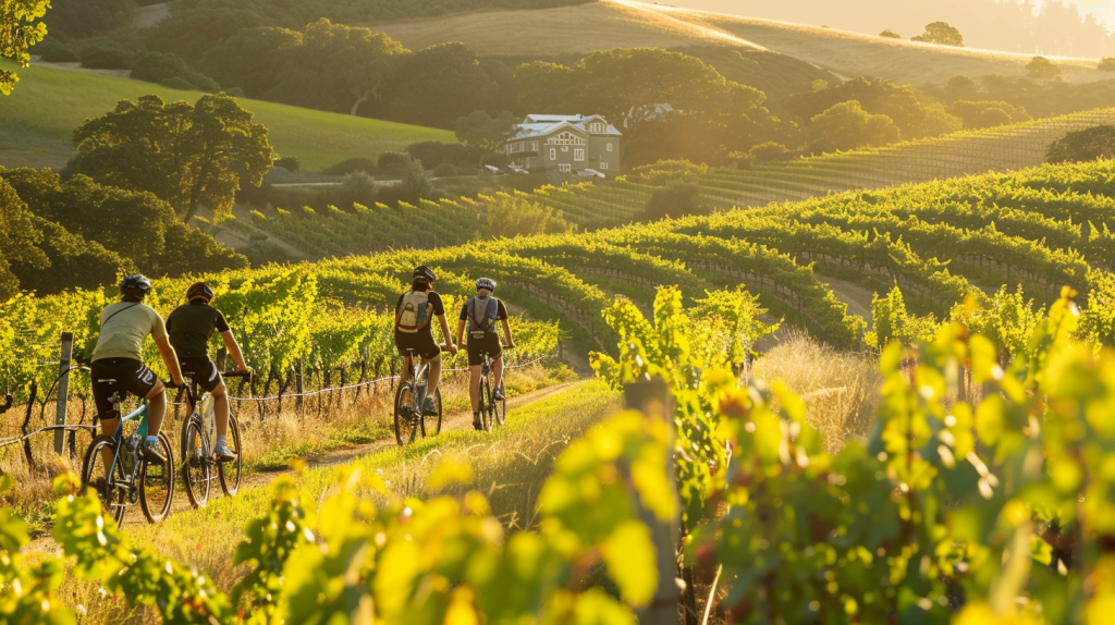 Cyclists on an eco-friendly travel experience riding through a vineyard at sunset.