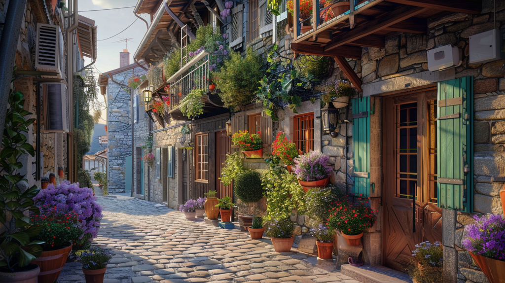 Charming cobblestone street lined with flowering plants and traditional stone houses with wooden shutters.