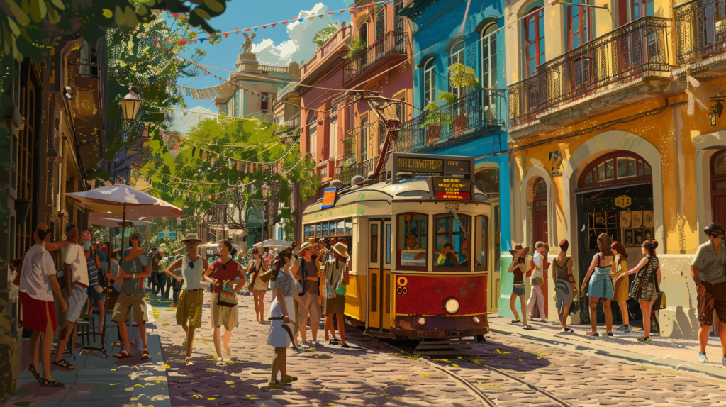 A vibrant street scene with people walking and an old-style yellow tram, against a backdrop of colorful buildings and clear blue sky.