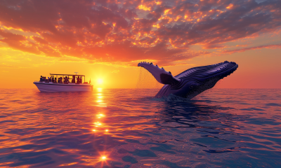 Whale breaching near a tour boat at sunset.