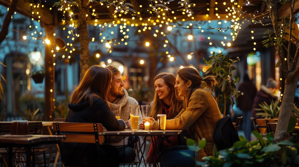 Four friends enjoying an evening at an outdoor cafe adorned with fairy lights.