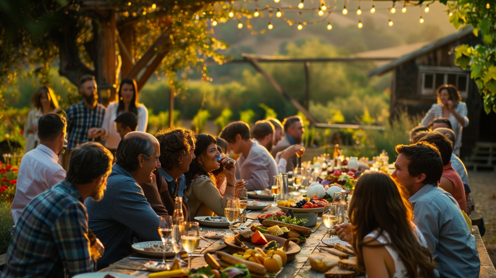 Outdoor farm-to-table dining scene with people enjoying a meal together at a long table during sunset.