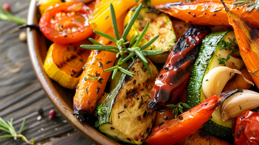Grilled garlic and herb-roasted vegetables in a bowl on a wooden table.
