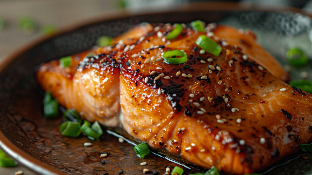 A plate of ginger miso-glazed salmon with sesame seeds and green onions.