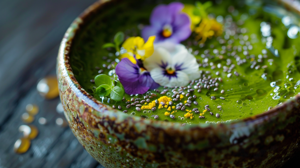 A bowl of green tea chia pudding