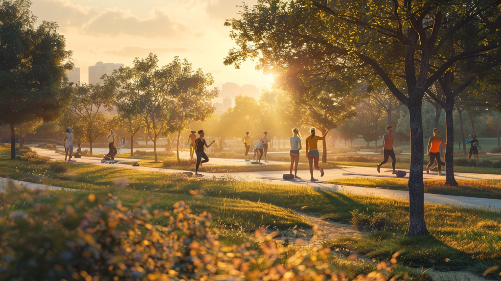 A group of people walking, jogging, and exercising in a park.