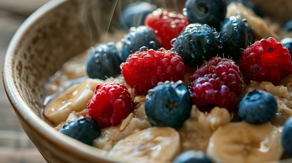 A bowl of oatmeal with berries and bananas.