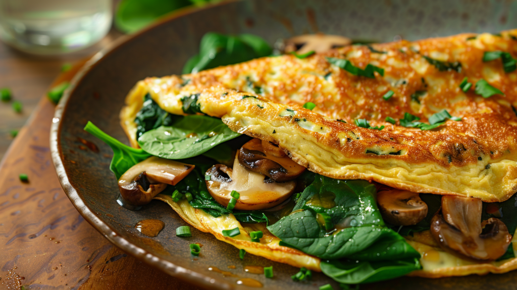 An omelet with spinach and mushrooms on a plate.