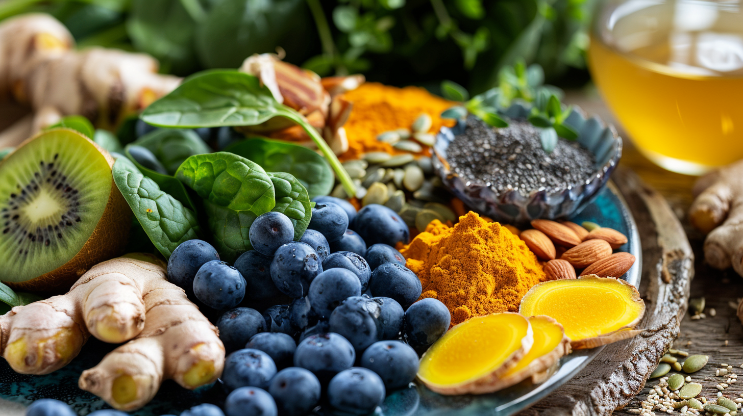 Image of superfoods on a plate along with a cup of green tea