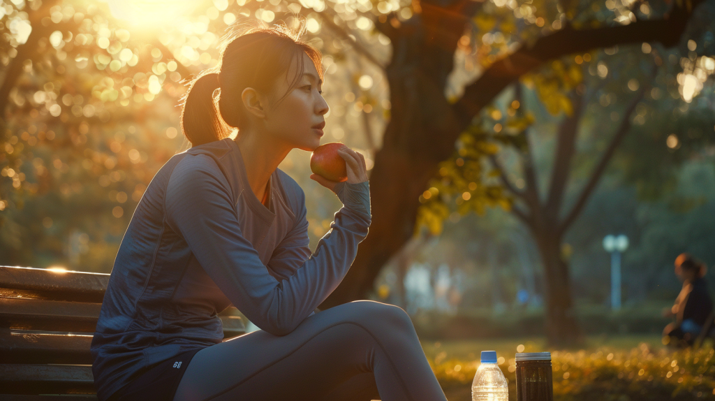 A woman sitting on a park bench with an apple in her hand.