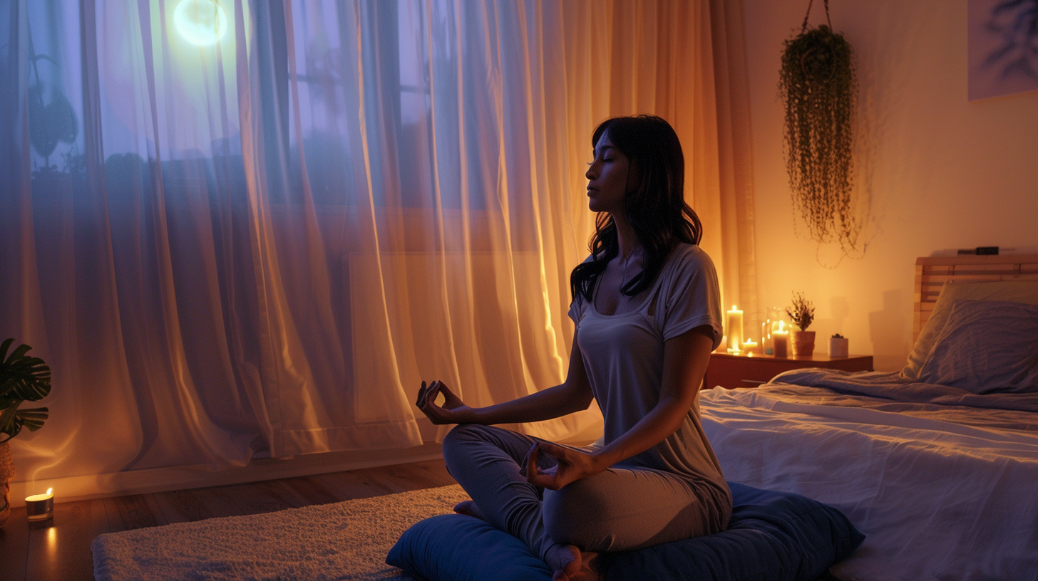 A woman sits cross-legged on a cushion in a dimly lit bedroom, practicing mindfulness by candlelight under a moonlit window.