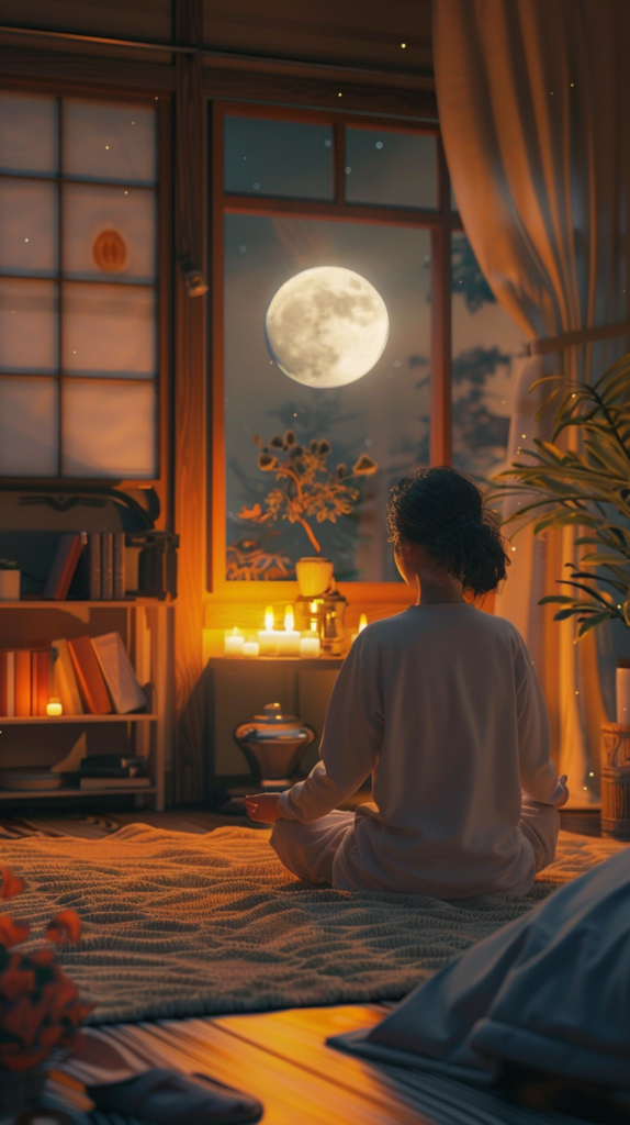 A woman sits cross-legged in meditation, embracing mindfulness as they face a large window with a full moon visible in the night sky. The room, softly illuminated by candles and decorated with bookshelves and plants, creates a serene atmosphere conducive to peaceful sleep.