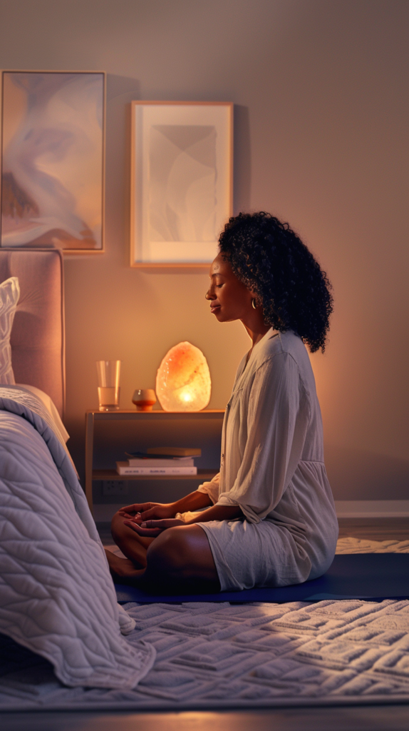 A woman sits meditating on the floor beside a bed in a softly lit room, practicing mindfulness with a glowing salt lamp and two framed artworks in the background, creating a serene environment for peaceful sleep.