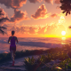 Image of a woman running near the beach at sunset