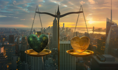Heart shapes of health and wealth balanced on a scale.