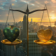 Heart shapes of health and wealth balanced on a scale.