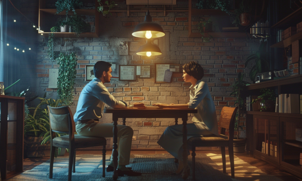 A man and woman sitting at a table negotiating conflict resolution.