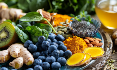 Image of superfoods on a plate along with a cup of green tea