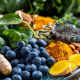 Image of superfoods on a plate along with a cup of green tea